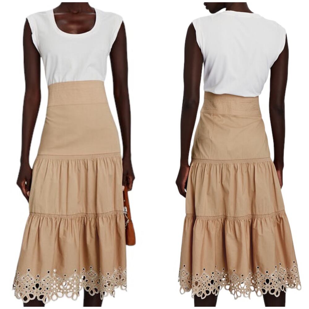 VERONICA BEARD NWT Amaia Eyelet Midi Dress Size L T-Shirt Top Tiered Skirt Tan
